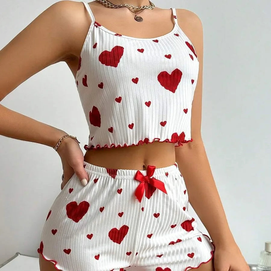 KAELAH 2PCS Heart Print Pajama Set, Sleeveless Crop Top and Shorts Comfy Sleepwear
