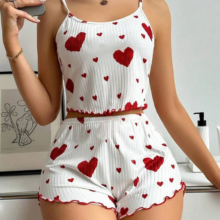 KAELAH 2PCS Heart Print Pajama Set, Sleeveless Crop Top and Shorts Comfy Sleepwear