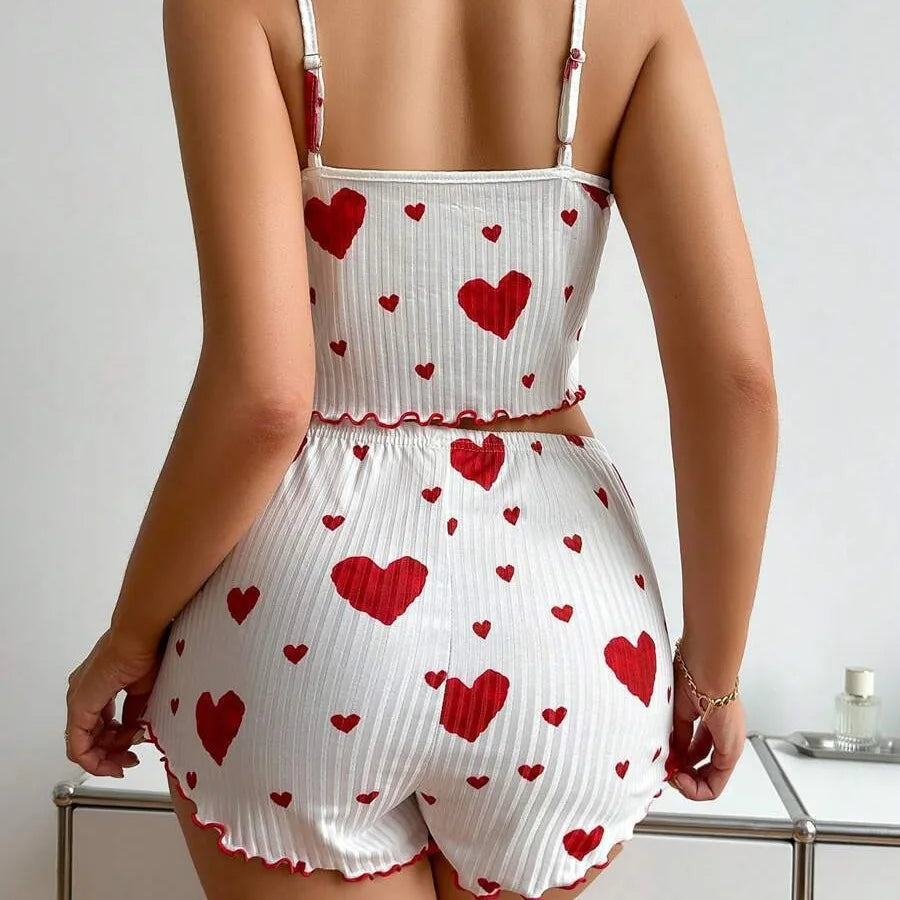 KAELAH 2PCS Heart Print Pajama Set, Sleeveless Crop Top and Shorts Comfy Sleepwear