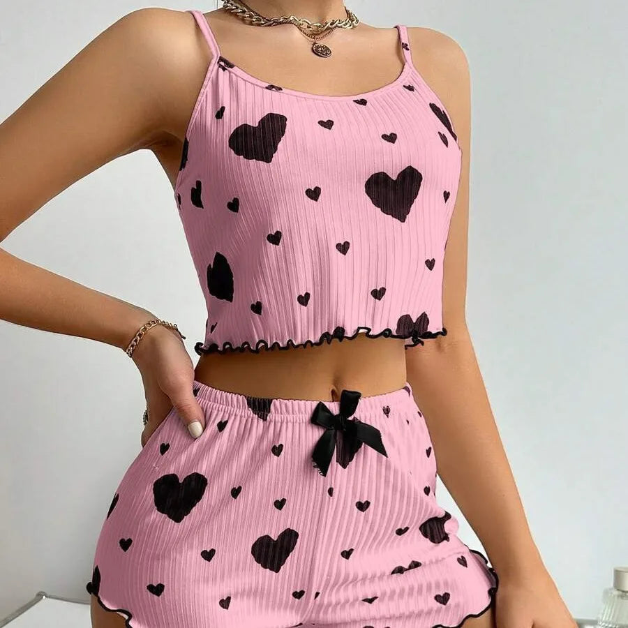 KAELAH 2PCS Heart Print Pajama Set, Sleeveless Crop Top and Shorts Comfy Sleepwear