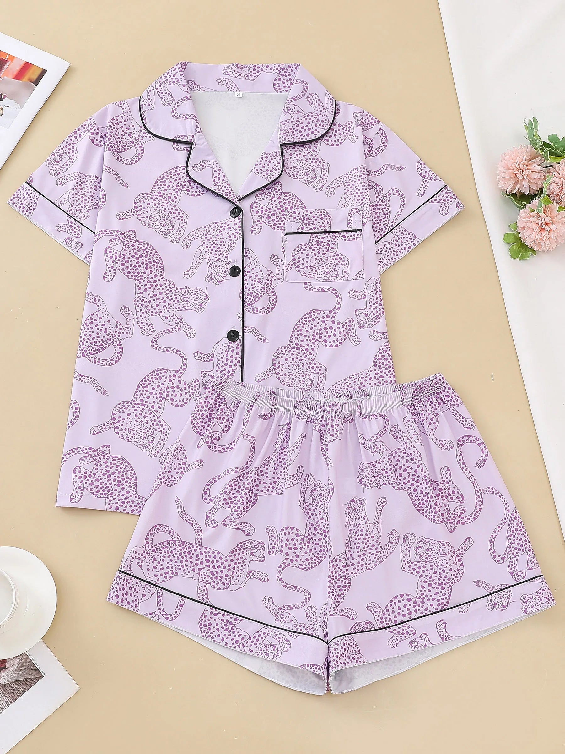 KAELAH Casual pink leopard print pajama set for women lapel short-sleeved