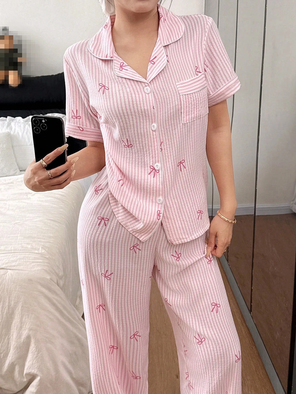 Women Bow Striped Print Pajama Sets Summer Short Sleeve Sleep Tops With Pants Pajamas Sets Comfortable Sleepwear Loungewear