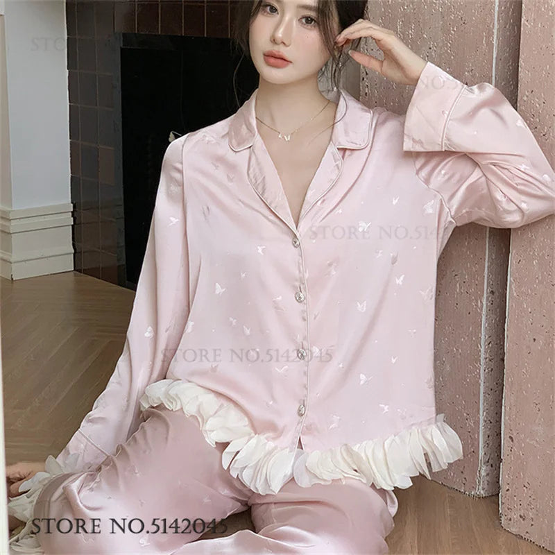 KAELAH Set French Style Ruffled Ice Silk Trouser Pijamas Suit Loungewear