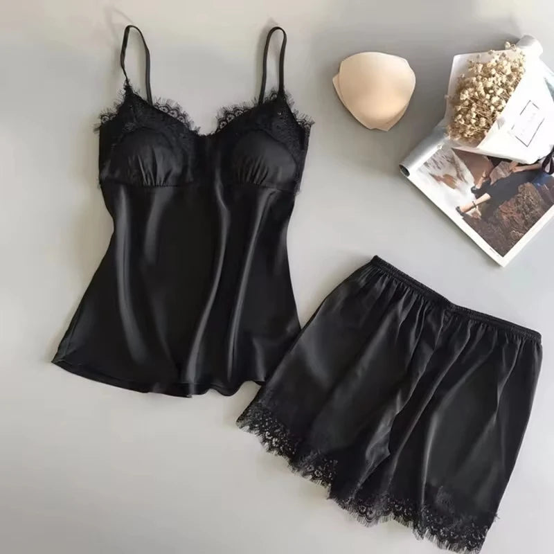 KAELAH  Pajama Suit Fashion V-Neck Stretch Satin Babydoll Lace Sexy Lingerie Bowknot