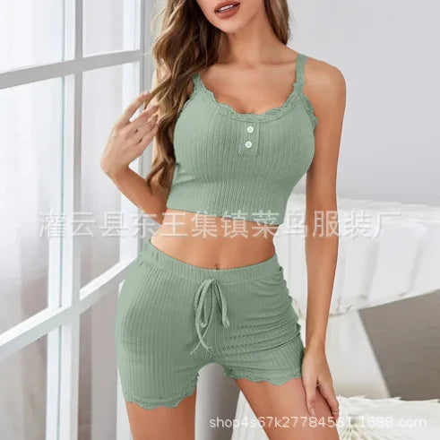 KAELAH Lace Trim Three-Piece Set Slim Fit Home Clothes Nightgown