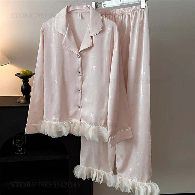 KAELAH Set French Style Ruffled Ice Silk Trouser Pijamas Suit Loungewear