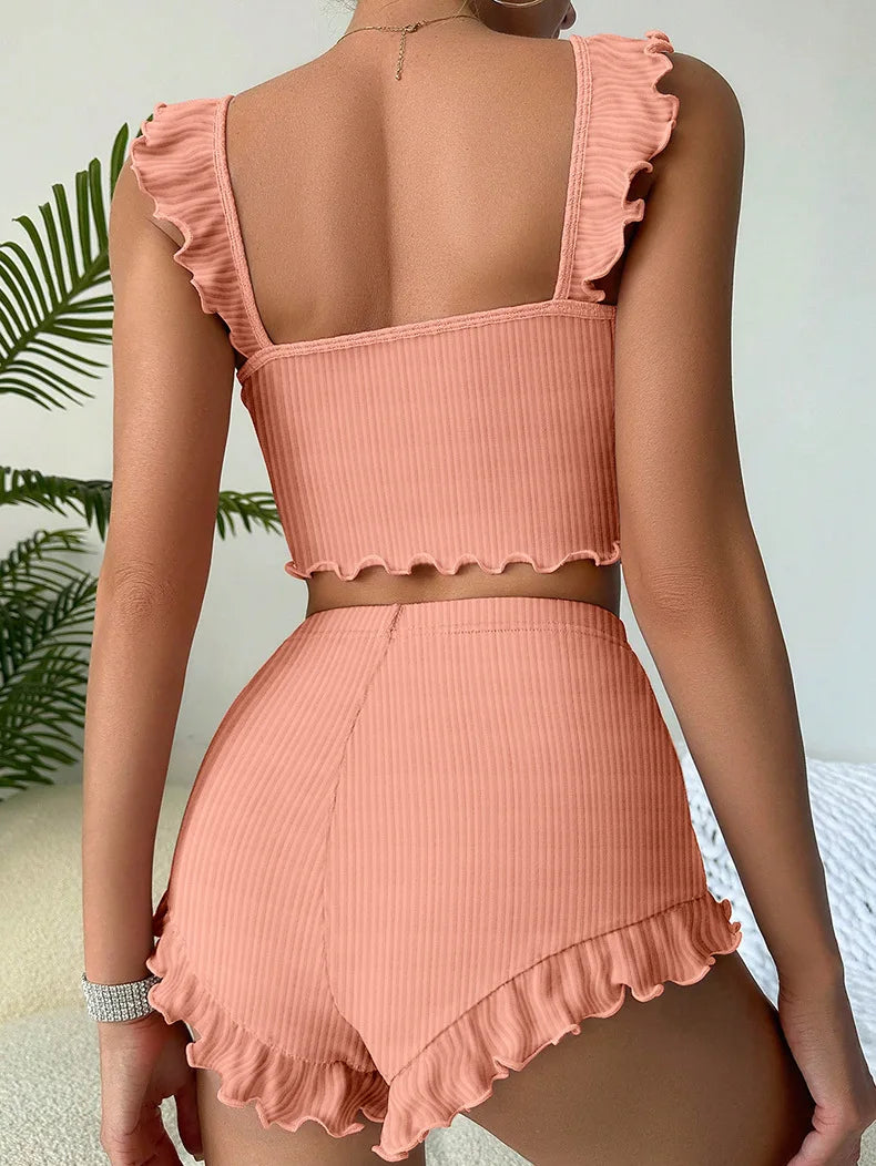 KAELAH Set Bow Small Fly Sleeve Straps Crop Top & Elastic Waist