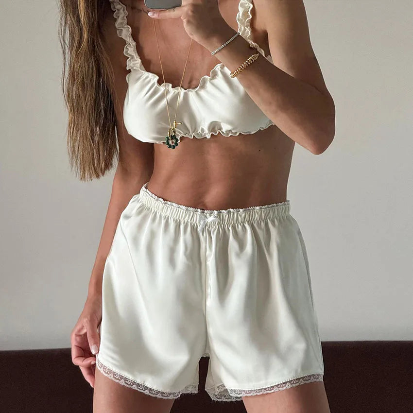 KAELAH Sexy Black Crop Top Camisole With Lace Elastic Waist Shorts 2 Piece Set