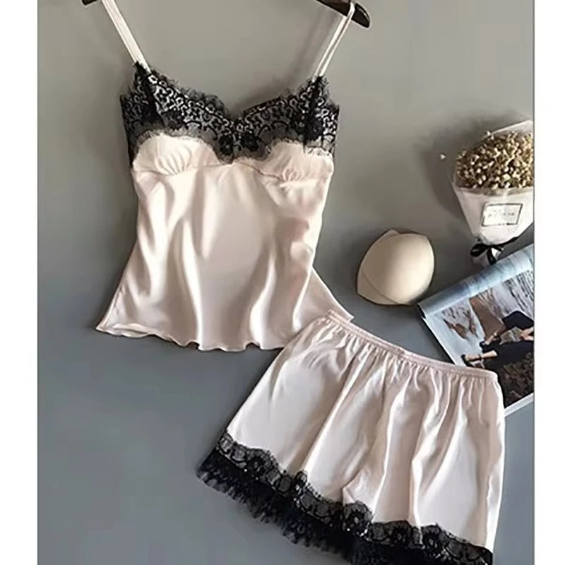 KAELAH  Pajama Suit Fashion V-Neck Stretch Satin Babydoll Lace Sexy Lingerie Bowknot