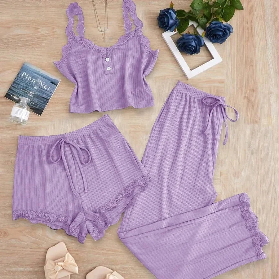 KAELAH Lace Trim Three-Piece Set Slim Fit Home Clothes Nightgown