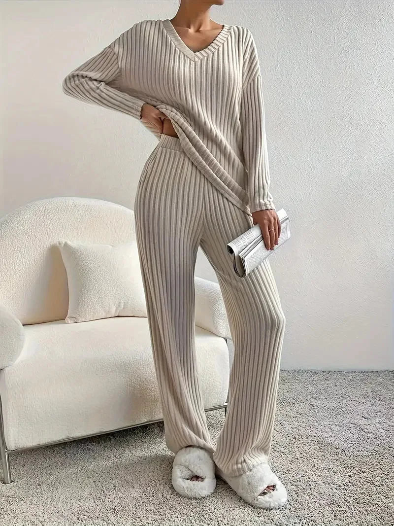KAELAH 2 Pieces Set Sleepwear V-neck Ribbed Knit Tops and Trousers