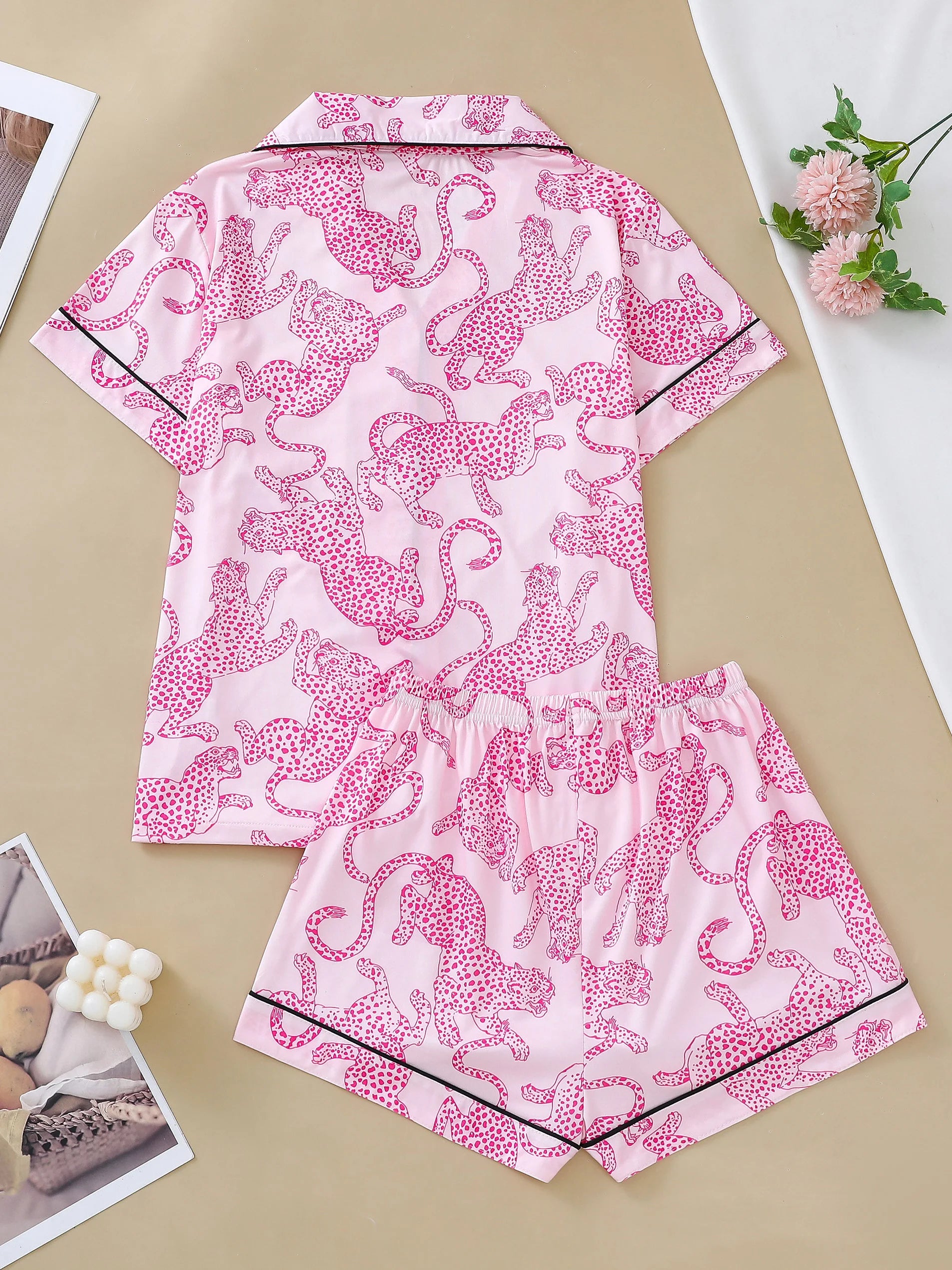 KAELAH Casual pink leopard print pajama set for women lapel short-sleeved