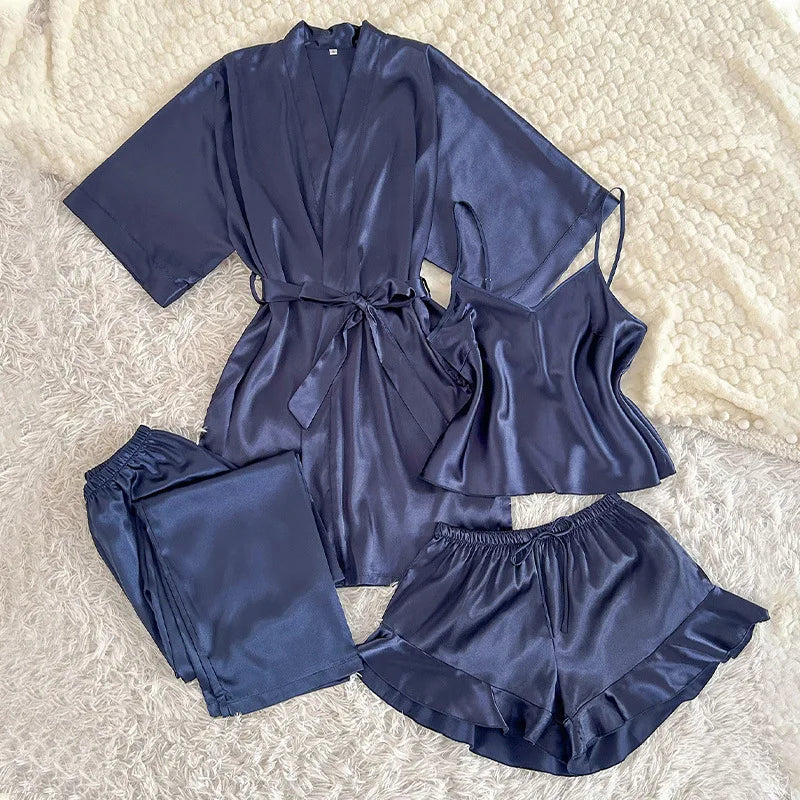 KAELAH Piece Robe Sleepwear Silky Satin Kimono Bathrobe Trouser Suits Loose Home