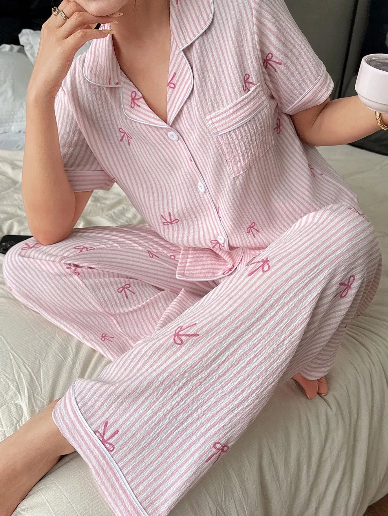 Women Bow Striped Print Pajama Sets Summer Short Sleeve Sleep Tops With Pants Pajamas Sets Comfortable Sleepwear Loungewear