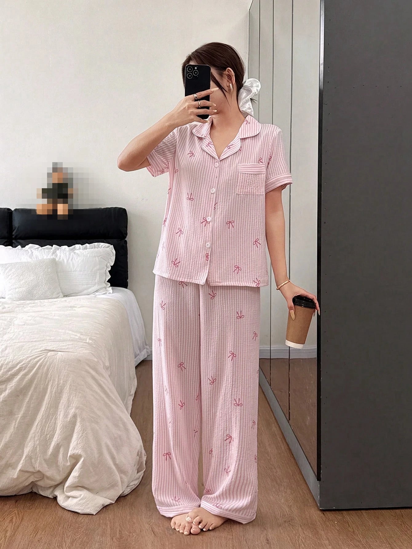 Women Bow Striped Print Pajama Sets Summer Short Sleeve Sleep Tops With Pants Pajamas Sets Comfortable Sleepwear Loungewear
