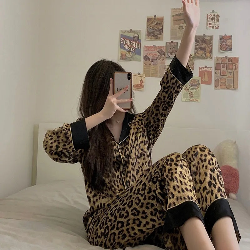 KAELAH  Set Of Women Loose Fashion Leopard Print Long-Sleeved Ladies Upscale