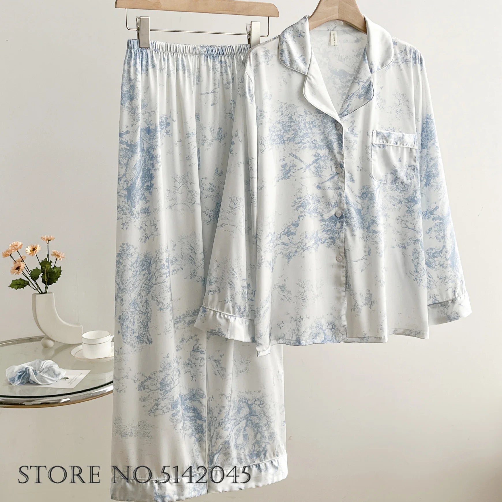 KAELAH Set French Style Ruffled Ice Silk Trouser Pijamas Suit Loungewear