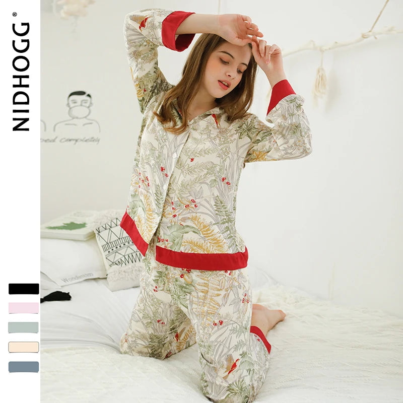 KAELAH Spring Casual Long Sleeve Satin Set Green Grass Printing
