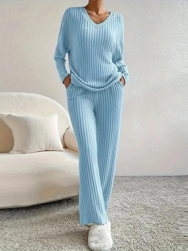 KAELAH 2 Pieces Set Sleepwear V-neck Ribbed Knit Tops and Trousers