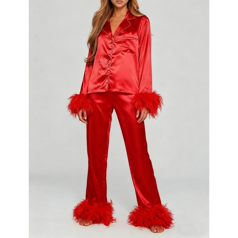 KAELAH Perfect Silk Satin Set Feather Trim Cuff 2 Piece Loungewear
