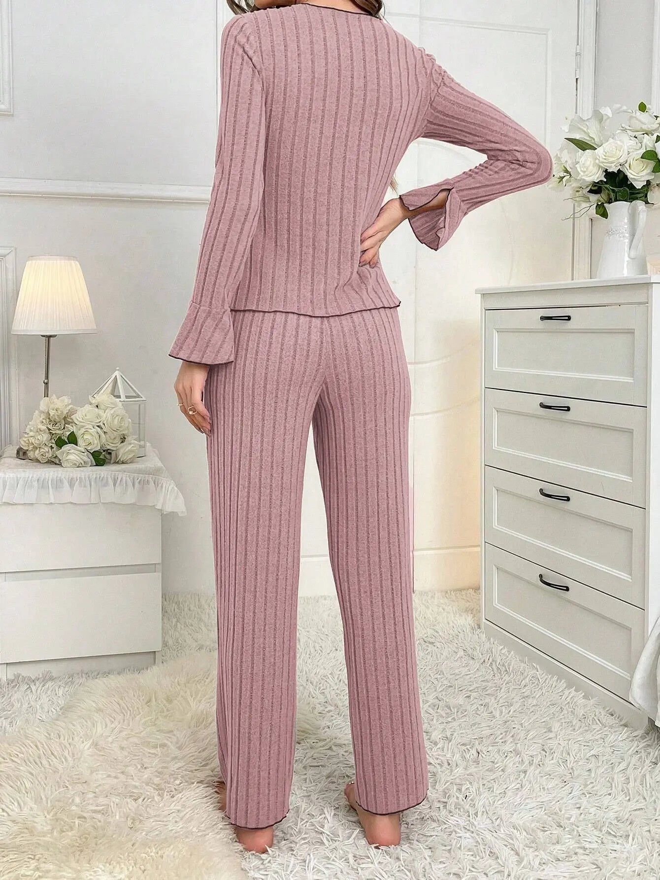 KAELAH Autumn and Winter Pure Color Elegant Bow Women's Simple Long-Sleeved Pants Pajama Set