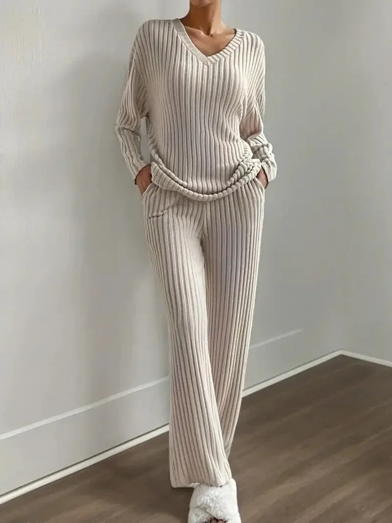 KAELAH 2 Pieces Set Sleepwear V-neck Ribbed Knit Tops and Trousers