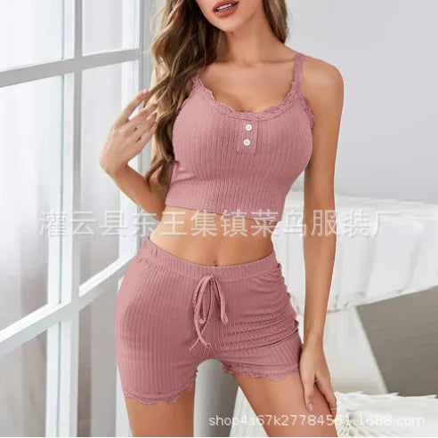 KAELAH Lace Trim Three-Piece Set Slim Fit Home Clothes Nightgown