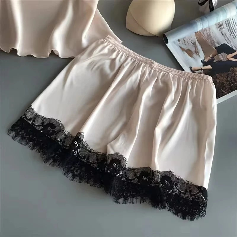 KAELAH  Pajama Suit Fashion V-Neck Stretch Satin Babydoll Lace Sexy Lingerie Bowknot