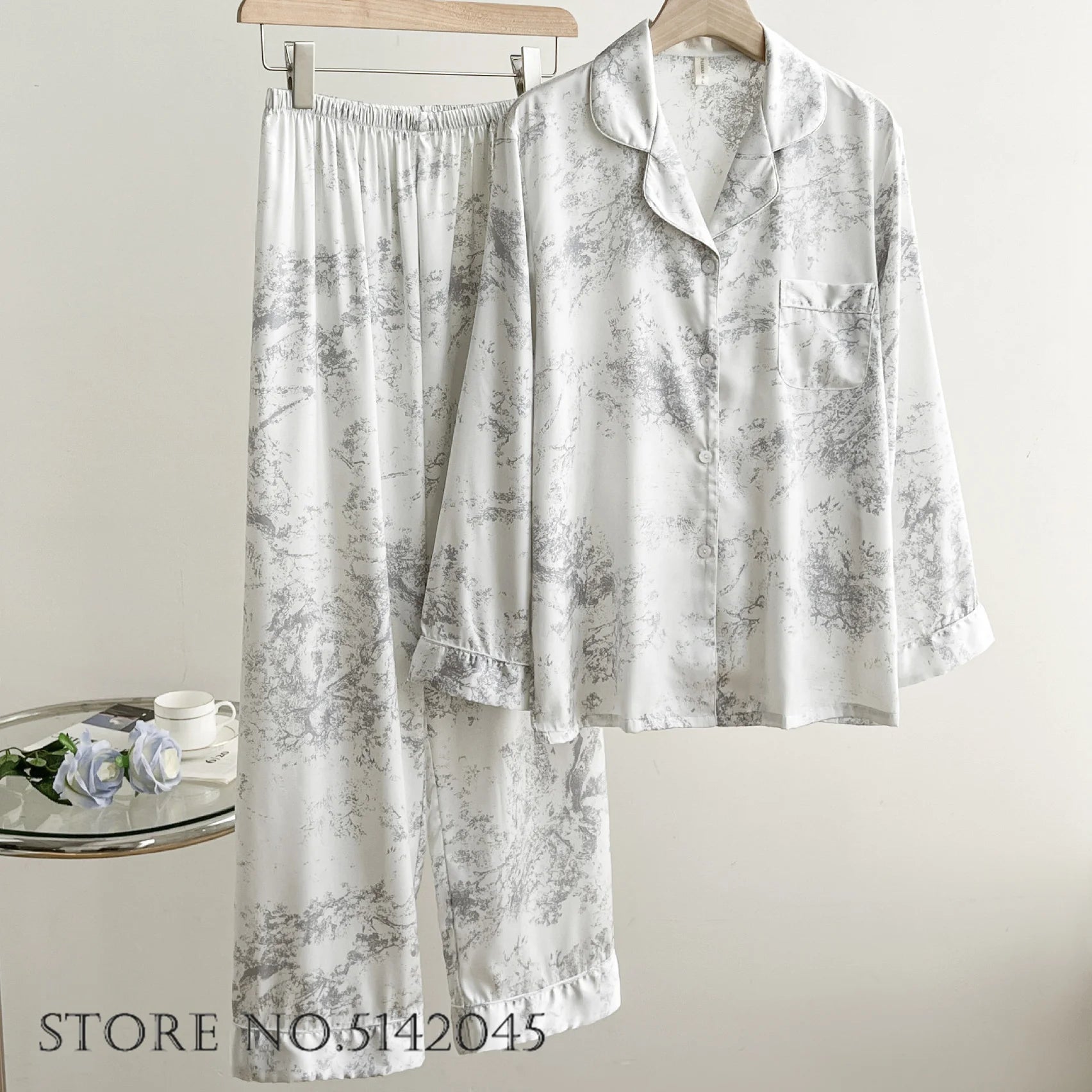 KAELAH Set French Style Ruffled Ice Silk Trouser Pijamas Suit Loungewear