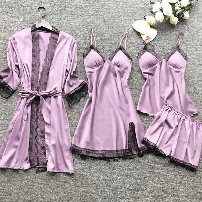 KAELAH 4 Pieces Women's Sexy Lace Pajamas Fashion V-Neck Gown Comfort