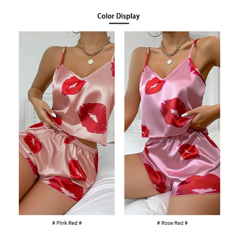 KAELAH Cute Kiss Print Satin Pajama Set V Neck Cami Top