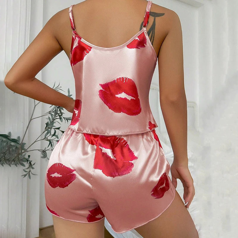 KAELAH Cute Kiss Print Satin Pajama Set V Neck Cami Top