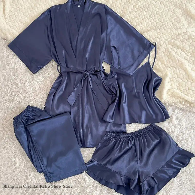KAELAH Piece Robe Sleepwear Silky Satin Kimono Bathrobe Trouser Suits Loose Home