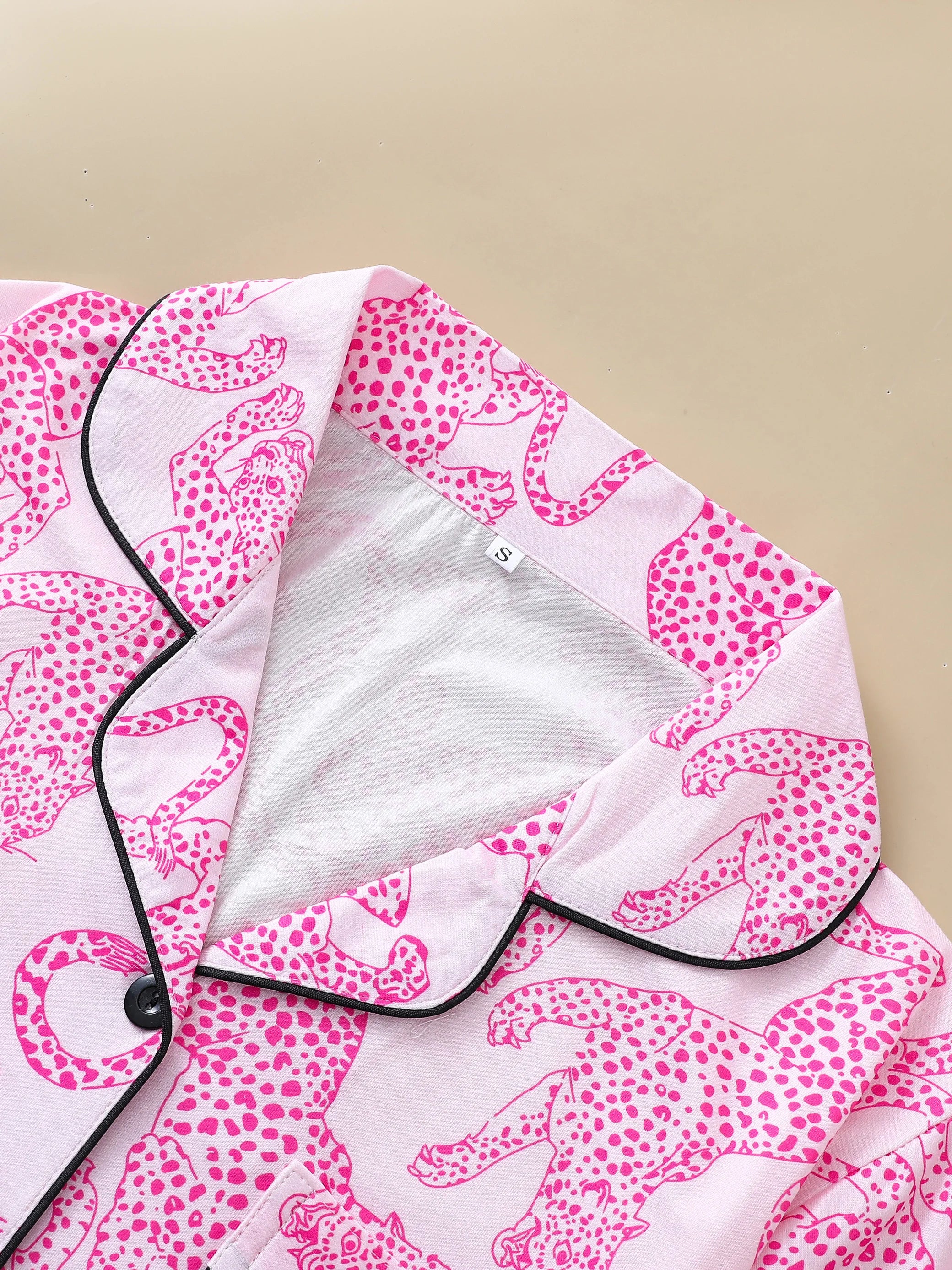 KAELAH Casual pink leopard print pajama set for women lapel short-sleeved