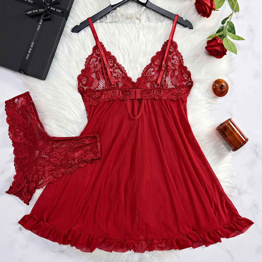 KAELAH Red Sling Transparent Sexy Nightdress See-through Sleepwear Lace