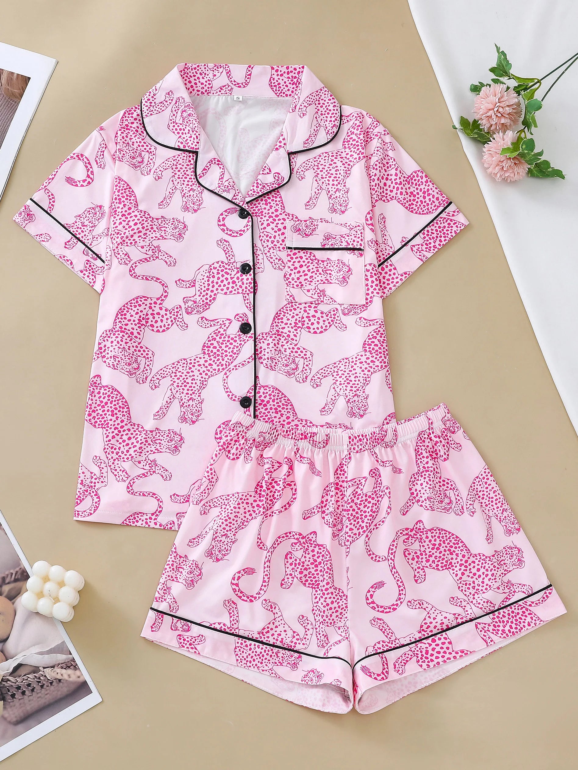 KAELAH Casual pink leopard print pajama set for women lapel short-sleeved