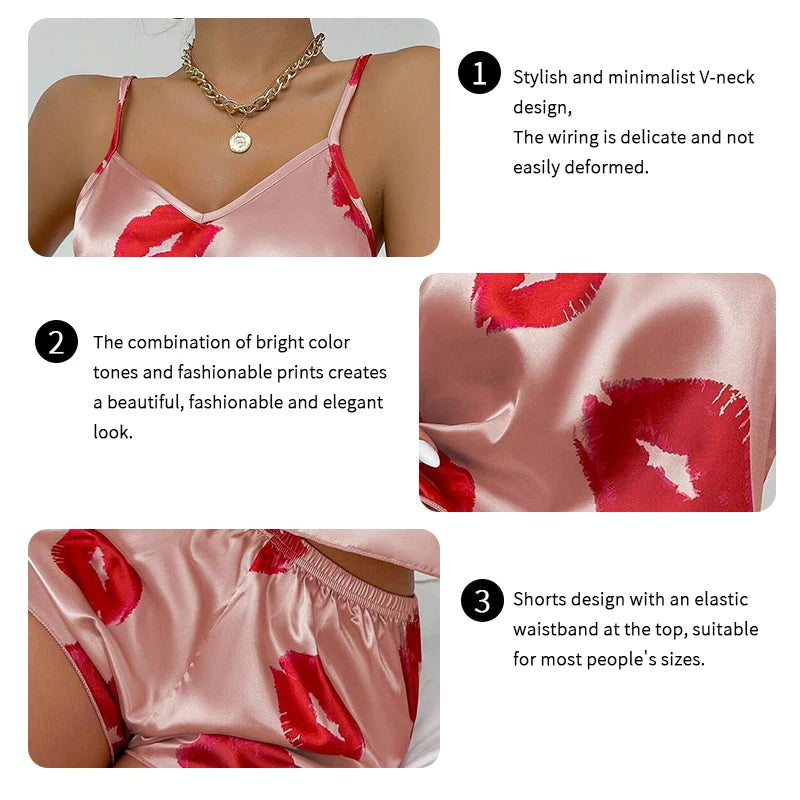 KAELAH Cute Kiss Print Satin Pajama Set V Neck Cami Top