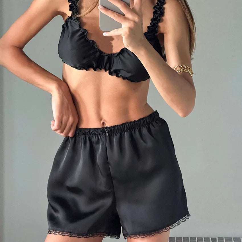 KAELAH Sexy Black Crop Top Camisole With Lace Elastic Waist Shorts 2 Piece Set