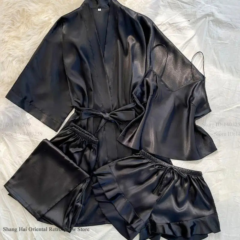 KAELAH Piece Robe Sleepwear Silky Satin Kimono Bathrobe Trouser Suits Loose Home
