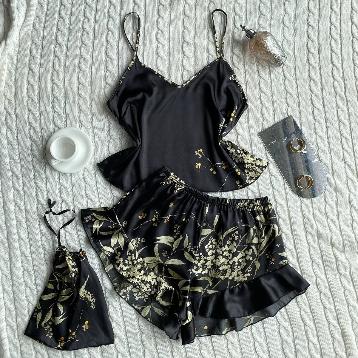 KAELAH 3 Pcs Silk Floral Print Suspenders Tops and Shorts with Hanging Bag