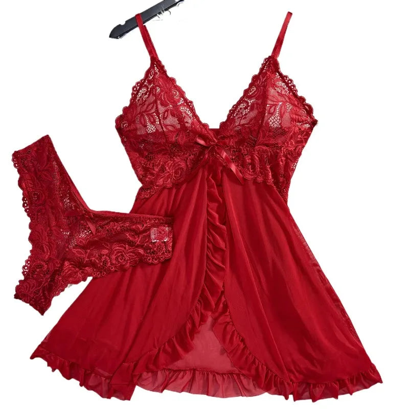 KAELAH Red Sling Transparent Sexy Nightdress See-through Sleepwear Lace