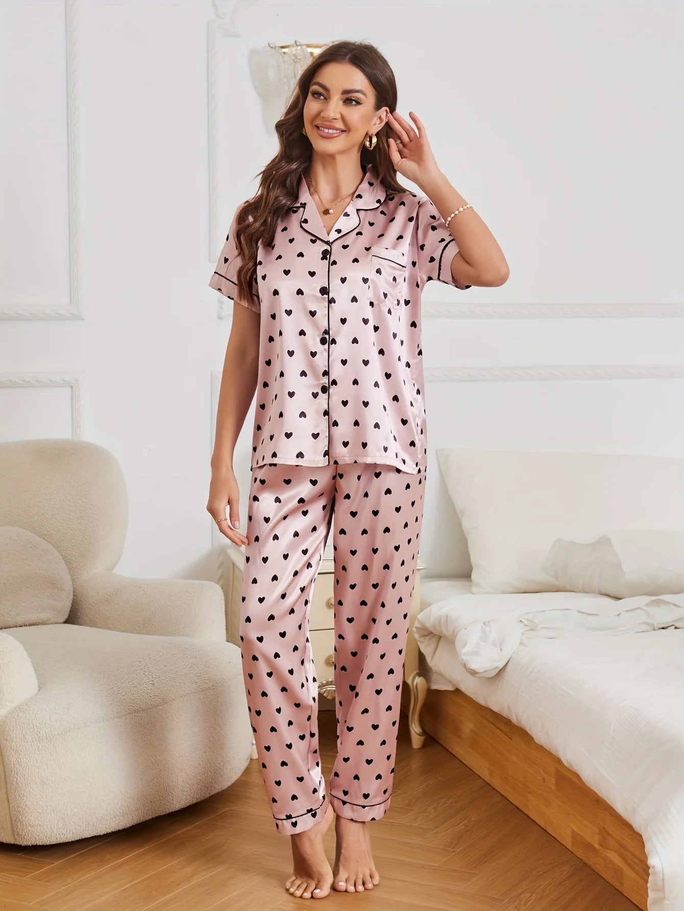 KAELAH Heart Print Satin Pajama Set Casual Short Sleeve Buttons Lapel