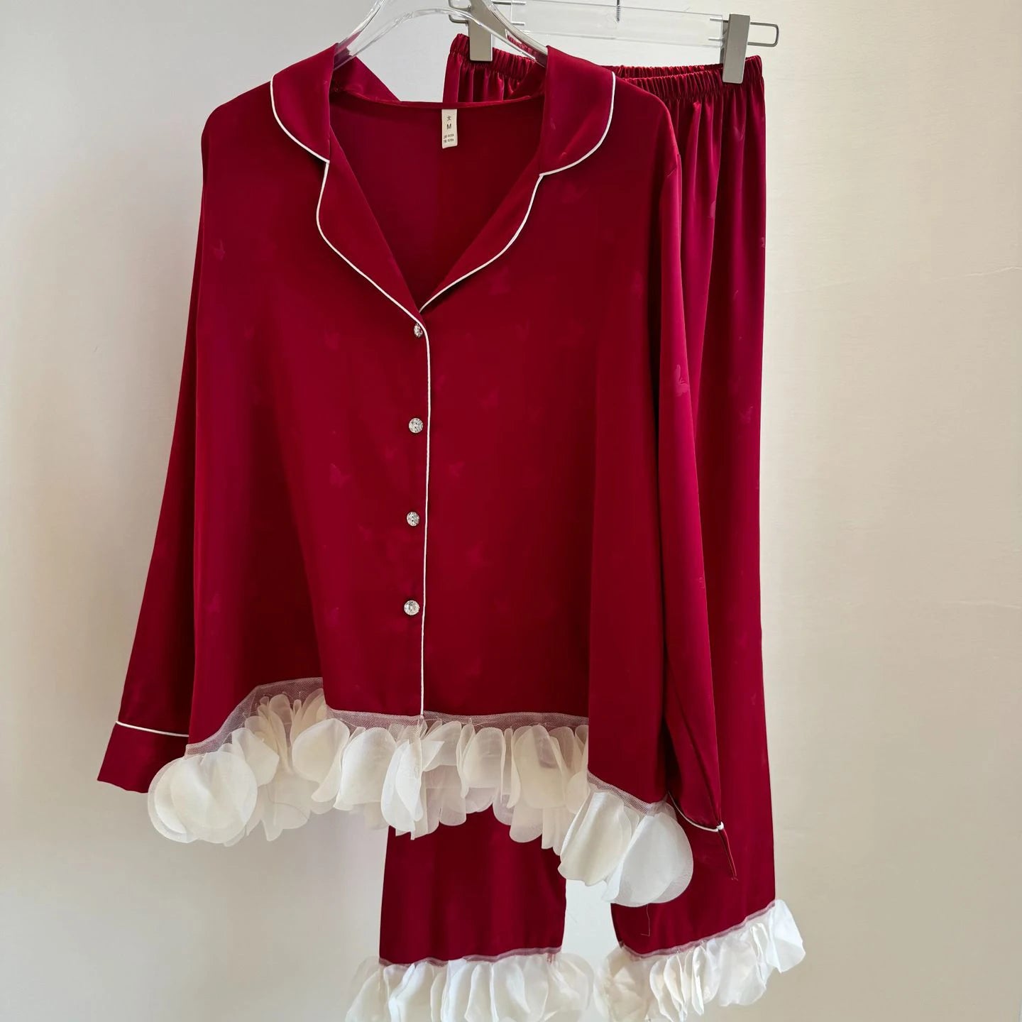 KAELAH Set French Style Ruffled Ice Silk Trouser Pijamas Suit Loungewear
