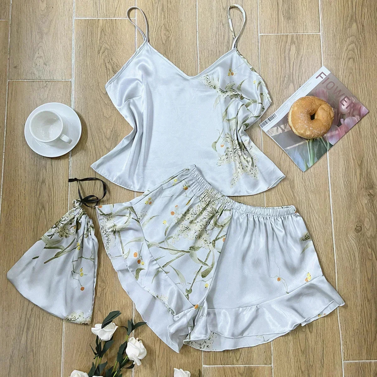 KAELAH 3 Pcs Silk Floral Print Suspenders Tops and Shorts with Hanging Bag