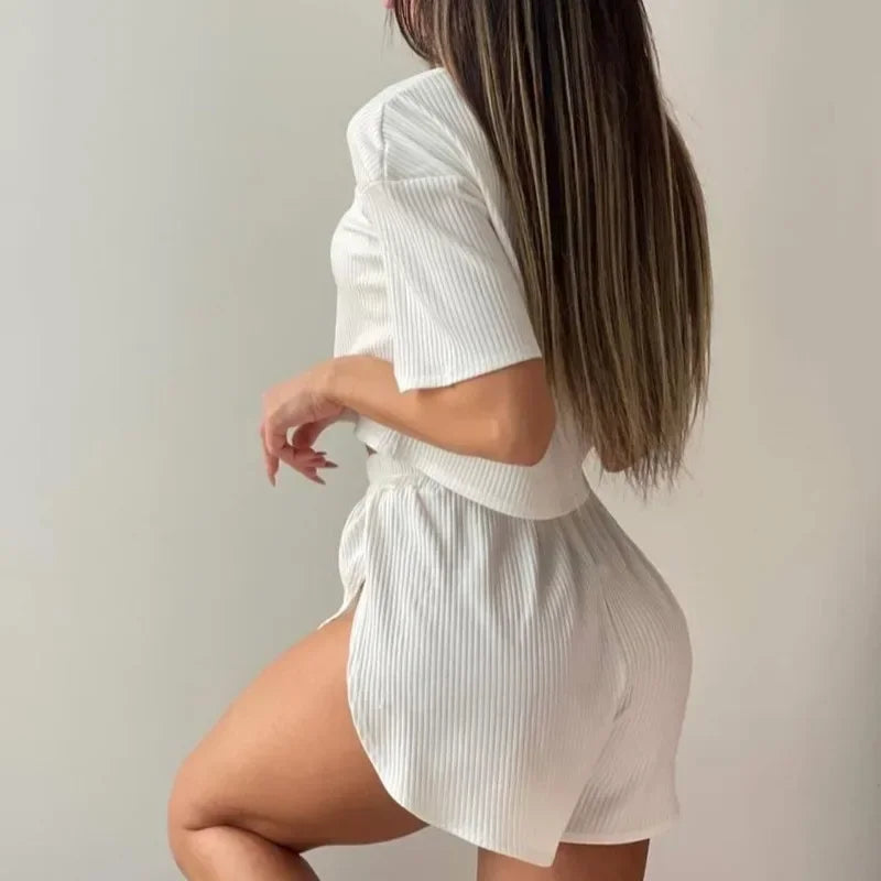 KAELAH Solid Pajamas Set Short Sleeve T-Shirt And Shorts Sleepwear 2 Piece Set
