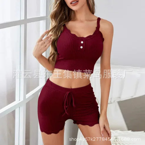 KAELAH Lace Trim Three-Piece Set Slim Fit Home Clothes Nightgown