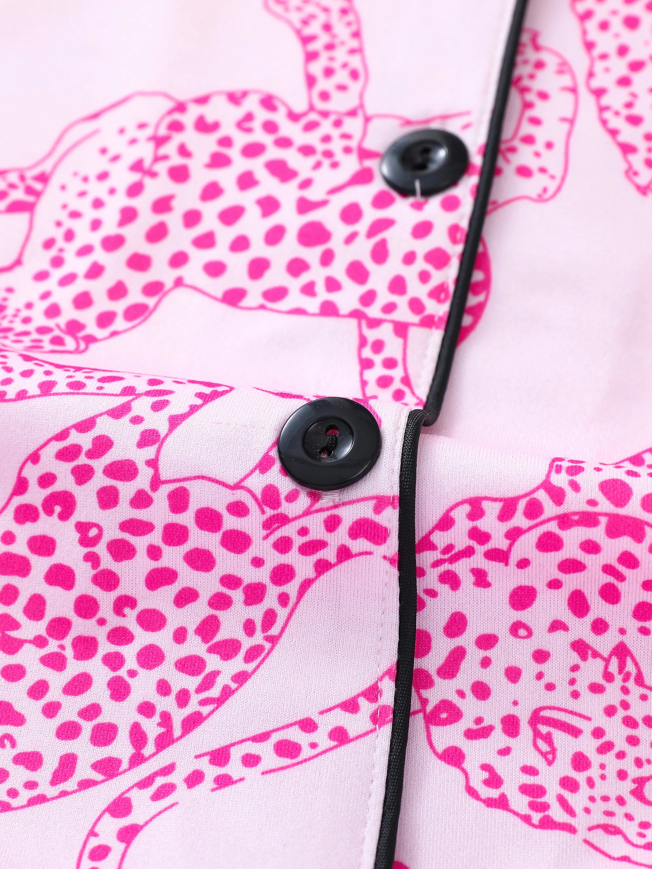 KAELAH Casual pink leopard print pajama set for women lapel short-sleeved