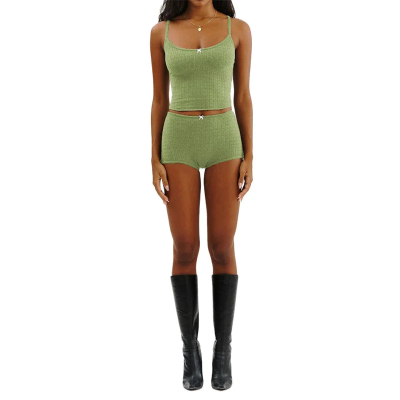 KAELAH y2k Pajamas Sets Women Bow Sleeveless Knitted Camisole Tops