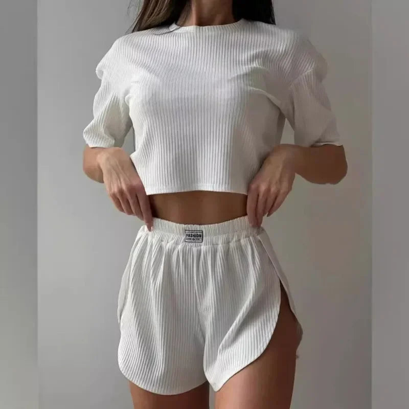 KAELAH Solid Pajamas Set Short Sleeve T-Shirt And Shorts Sleepwear 2 Piece Set