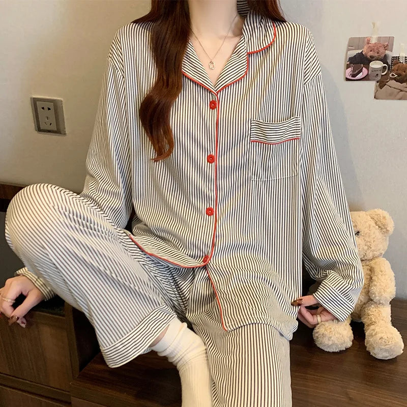 KAELAH 2PCS/Set Women's Long Sleeve Striped Loungewear Set Soft